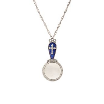 Symbols of Faith Magnifying Glass Pendant Blue Enamel Cross Necklace