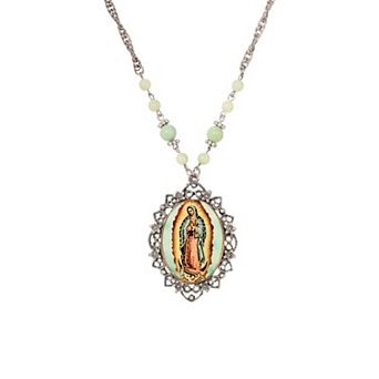 Symbols of Faith Silver Tone Our Lady Of Guadalupe Oval Pendant 28" Necklace