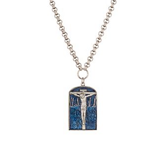 Symbols of Faith Silver Tone Blue Enamel Crucifix 22+3" Adjustable Necklace