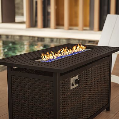 Flash Furniture Olympia 45" x 25" Propane Gas Fire Pit Table 50,000 BTU Outdoor Gas Firepit with Stainless Steel Tabletop, Lid, Glass Beads, & Base