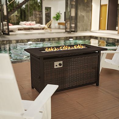 Flash Furniture Olympia 45" x 25" Propane Gas Fire Pit Table 50,000 BTU Outdoor Gas Firepit with Stainless Steel Tabletop, Lid, Glass Beads, & Base
