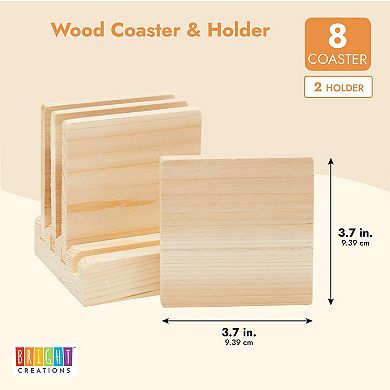 Unfinished Wood Coaster Set with Holder and Foam Dots (10 Pieces)