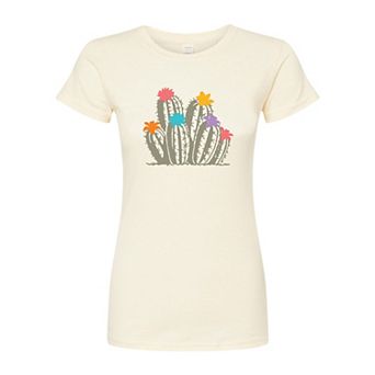 Juniors' Cactus Colorful Flowers Fitted Graphic Tee