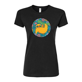 Juniors' Boho Colorful Sloth Fitted Graphic Tee