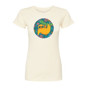 Juniors' Boho Colorful Sloth Fitted Graphic Tee