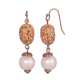 1928 Rose Gold Tone Filigree Faux Pearl Drop Earrings