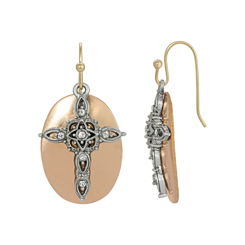 1928 Two-Tone Oval Drop Cross Earrings