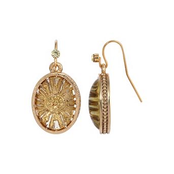 1928 Gold Tone Oval Glass Drop Earrings