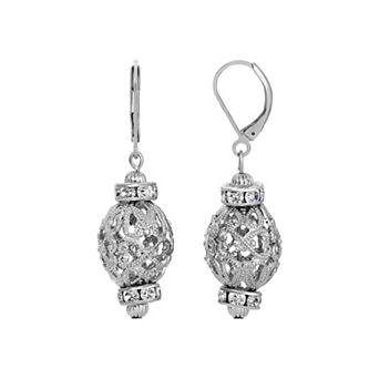 1928 Silver Tone Filigree Crystal Drop Earrings