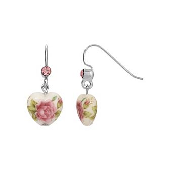 1928 Silver Tone Heart Floral Decal Drop Earrings