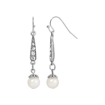 1928 Silver Tone Simulated Pearl Crystal Drop Earrings