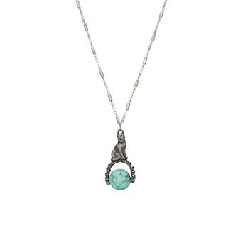 1928 Silver Tone Turquoise Cat Spinner Necklace