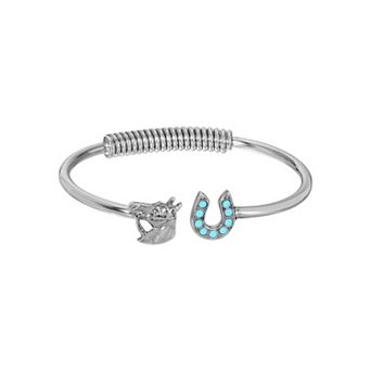 1928 Silver Tone Horse Head Crystal Horseshoe Cuff Bracelet