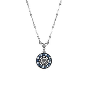 1928 Silver Tone Crystal Medallion Necklace