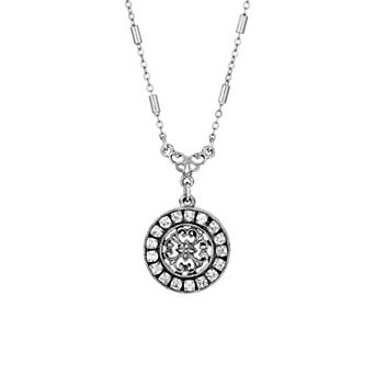 1928 Silver Tone Crystal Medallion Necklace