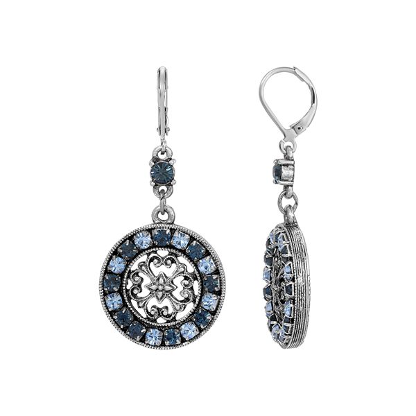 1928 Silver Tone Crystal Round Drop Earrings