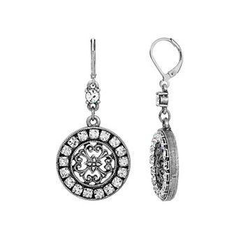 1928 Silver Tone Crystal Round Drop Earrings