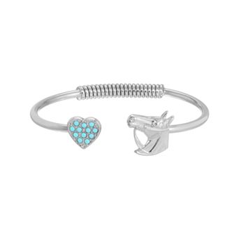1928 Silver Tone Turquoise Crystal Heart & Horse Cuff Bracelet