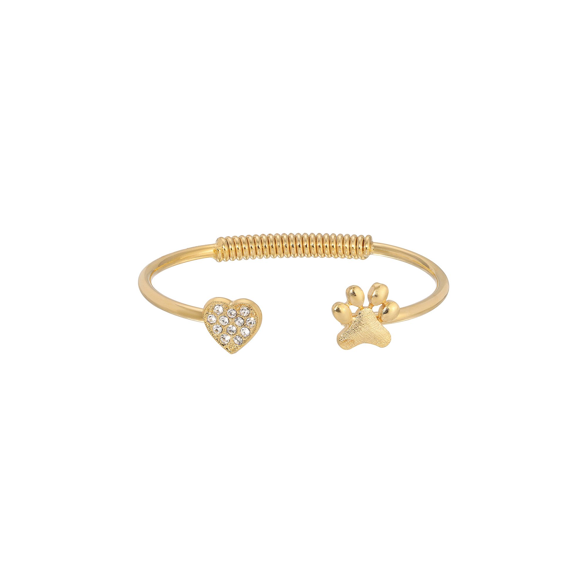 1928 Gold Tone Crystal Heart And Paw Hinge Cuff Bracelet, Womens