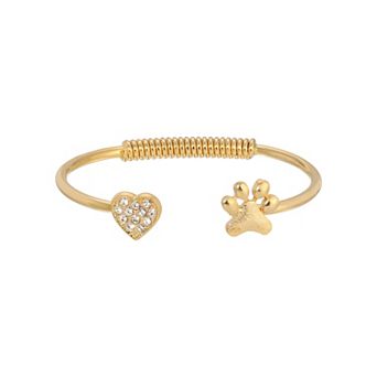 1928 Gold Tone Crystal Heart And Paw Hinge Cuff Bracelet