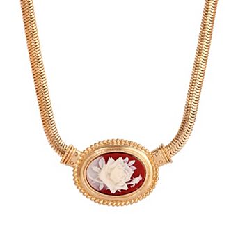 1928 Gold Tone Flower Cameo Necklace