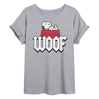 Juniors' Peanuts Charlie Brown & Snoopy Woof Oversized Graphic Tee