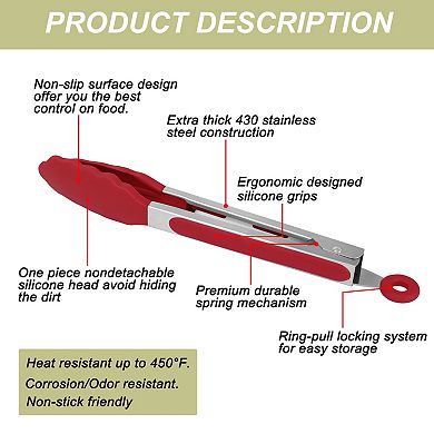 Stainless Steel Kitchen Tongs Silicone Tipped BBQ Cooking Tongs 9"