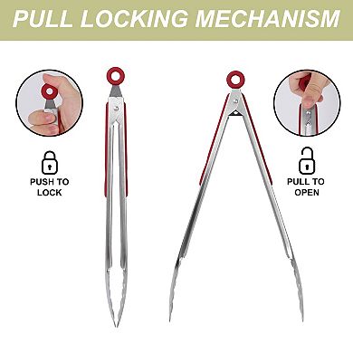 Kitchen Tong Set for Cooking Stainless Steel Tongs Silicone Grip Grill 2Pcs Burgundy