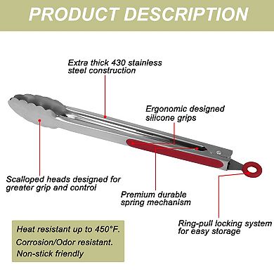 Kitchen Tong Set for Cooking Stainless Steel Tongs Silicone Grip Grill 2Pcs Burgundy