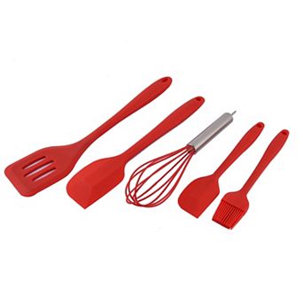 Silicone Heat Resistant Spatula Brush Whisk Baking Tool Utensil Set 5 in 1 Red