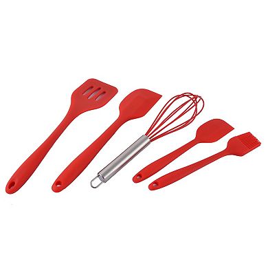 Silicone Heat Resistant Spatula Brush Whisk Baking Tool Utensil Set 5 In 1 Red