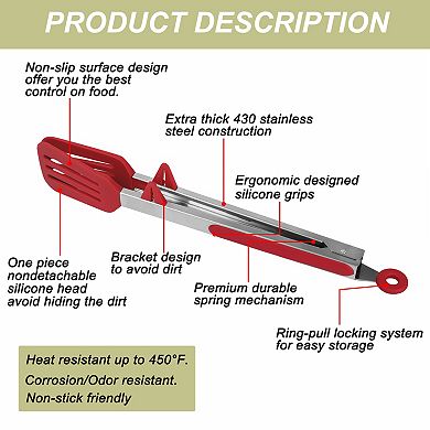 Kitchen Tongs for Cooking Stainless Steel Tongs with Stands Silicone Tip 12"