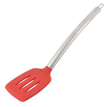 Silicone Slotted Non Stick Heat Resistant Pancake Turner Spatula Red And Silver Tone