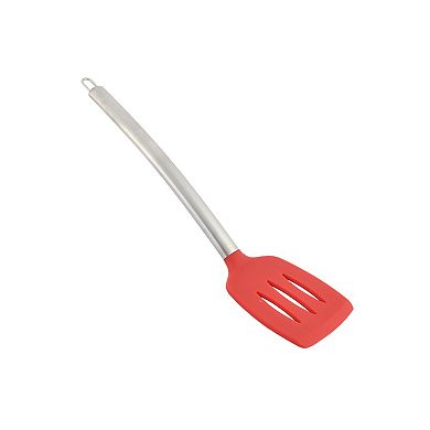 Silicone Slotted Non Stick Heat Resistant Pancake Turner Spatula Red And Silver Tone