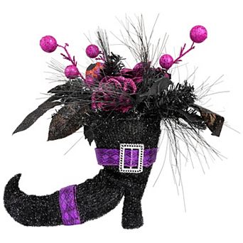 Northlight Black Witch's Boot with Purple Glitter Roses Halloween Decor