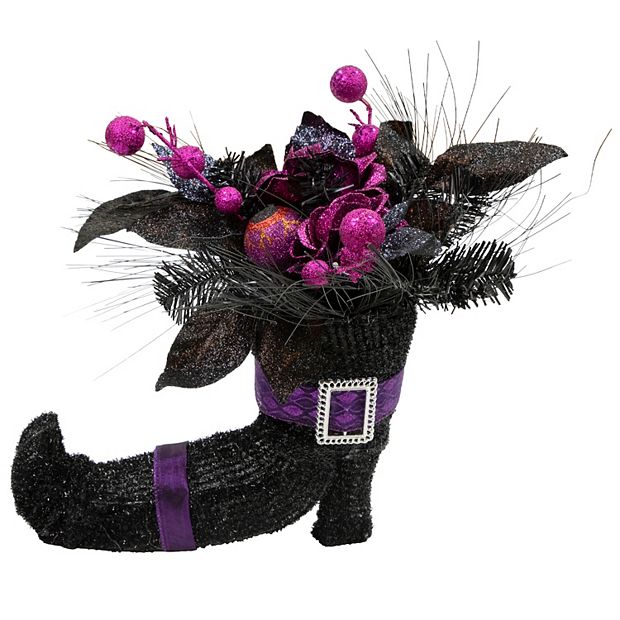 Northlight 12 Black Witch's Boot with Purple Glittered Roses Halloween Decoration
