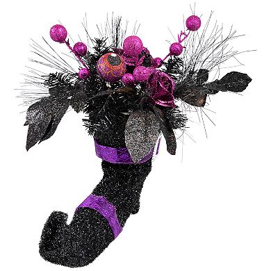 Northlight Black Witch's Boot with Purple Glitter Roses Halloween Decor