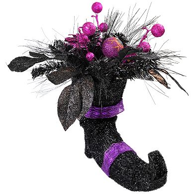 Northlight Black Witch's Boot with Purple Glitter Roses Halloween Decor