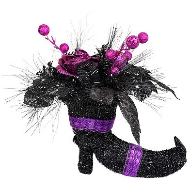 Northlight Black Witch's Boot with Purple Glitter Roses Halloween Decor