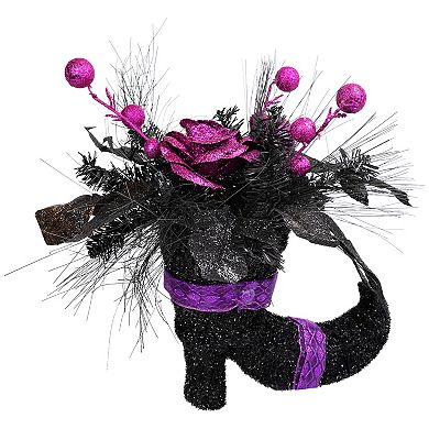 Northlight Black Witch's Boot with Purple Glitter Roses Halloween Decor