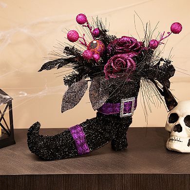 Northlight Black Witch's Boot with Purple Glitter Roses Halloween Decor