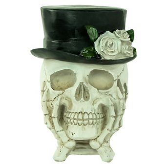 Northlight Skull with Top Hat and Roses Halloween Table Decor