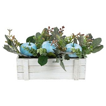 Northlight 18 in White Wooden Box of Foliage and Pumpkins Thanksgiving Decoration