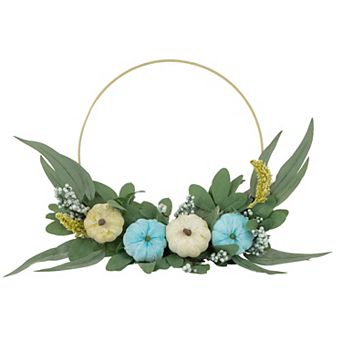 Northlight Blue Pumpkins and Foliage Thanksgiving Artificial Half Wreath 18 in