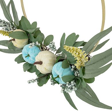 Northlight Blue Pumpkins and Foliage Thanksgiving Artificial Half Wreath 18-in.