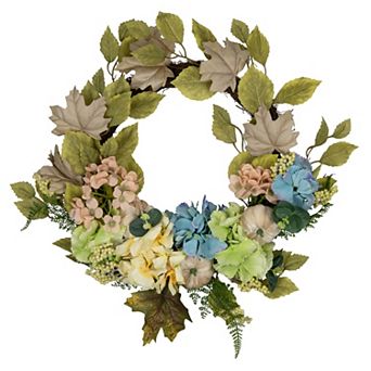 Northlight Green and Blue Floral and Gourds Thanksgiving Artificial Wreath 22 in