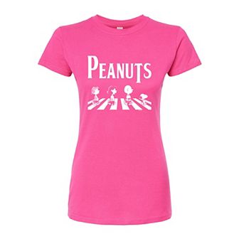 Juniors' Peanuts Charlie Brown & Snoopy Crossing Road Fitted Graphic Tee