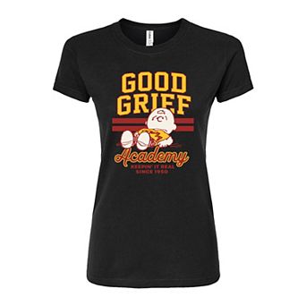 Juniors' Peanuts Charlie Brown & Snoopy Good Grief Academy Fitted Graphic Tee