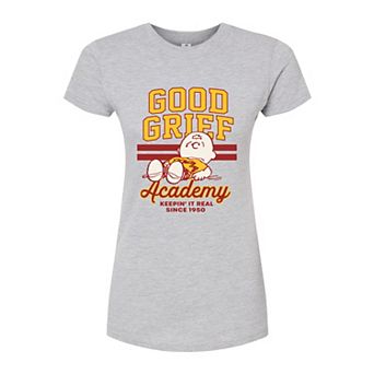 Juniors' Peanuts Charlie Brown & Snoopy Good Grief Academy Fitted Graphic Tee
