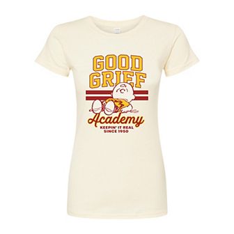 Juniors' Peanuts Charlie Brown & Snoopy Good Grief Academy Fitted Graphic Tee